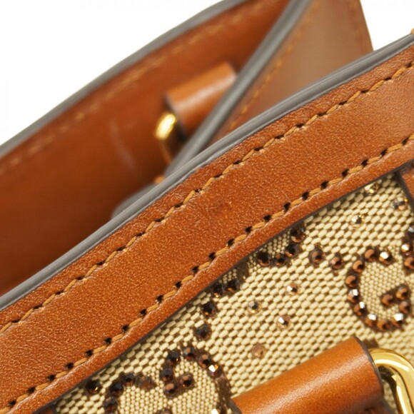 Gucci Bamboo Diana Crystal Handbag 707449 Canvas Leather Brown Beige 2-Way Ba... - Picture 7 of 13